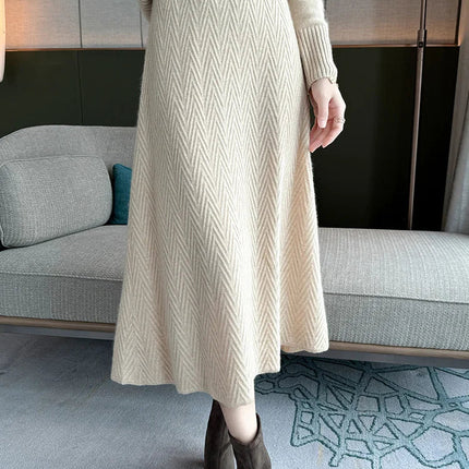 100% Cashmere Skirt Women's Mid-calf Dress Herring Bone High Waist High-end Versatile Knitted Skirt Autumn Winter Office Lady PlatiNum