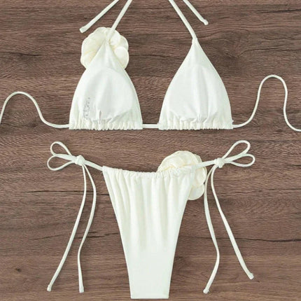 Bikini Sexy con Fiori 3D e Lacci Sulla Schiena, Costume da Bagno Femminile Due Pezzi, Set Bikini, Abbigliamento da Spiaggia, Taglie S-L PlatiNum