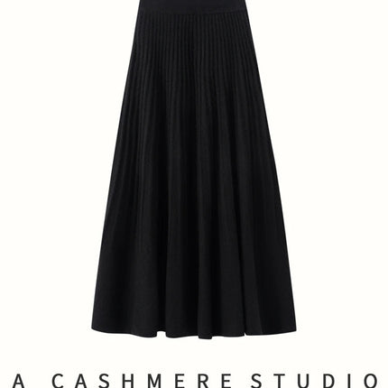 New Arrivals Women Cashmere A-line Skirt Elastic Waist Pleated Skirt 100% Cashmere Knitted Autumn Winter Thin Office Lady Dress PlatiNum