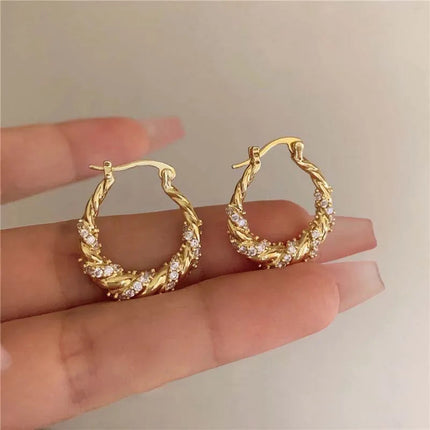 Luxury Shiny Zircon Twisted Hoop Earrings for Women Fashion Gold Color U Shaped Geometric Earrings Ear Accessories Party Jewelry PlatiNum