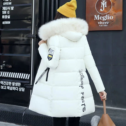 Women Winter Fur Collar Hooded Parka Coats Fashion Letter Patch Zipper Long Jacket Elegant Slim Warm Thick Female Snow Outerwear