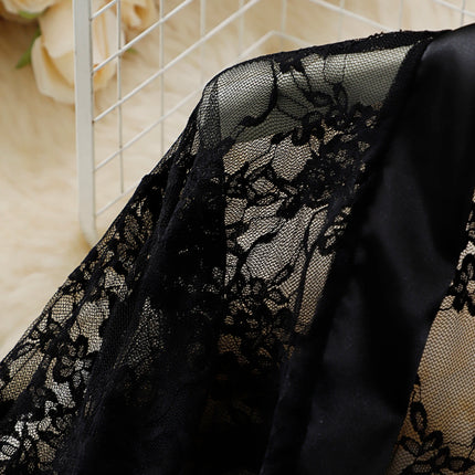 Vestido de talla grande de encaje negro con ribetes de satén: lazo en la cintura, tejido transparente para un elegante y sexy atuendo de estar en casa.seksi iç çama beheları kadın