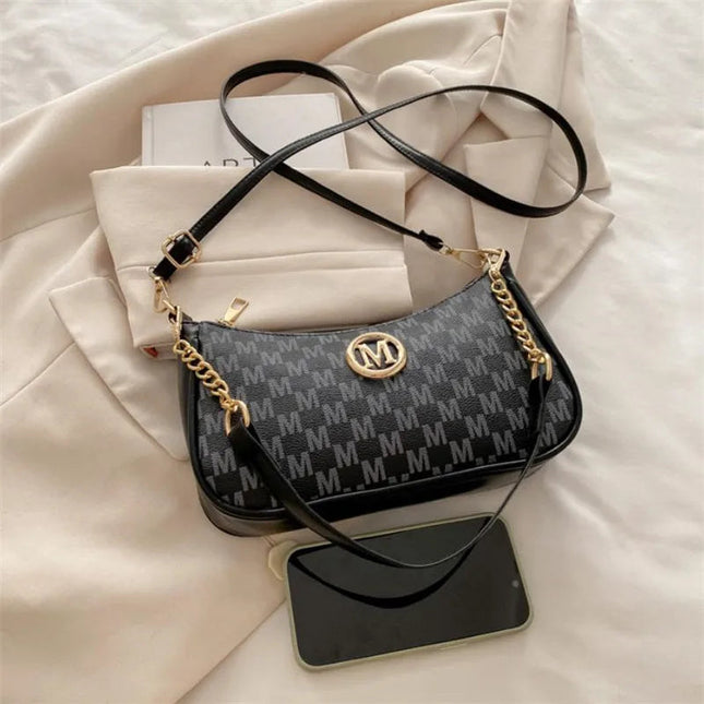 Vintage Style Handbag Crossbody Bag, Gold Letter 'M' Design Pu Leather Shoulder Messenger Bag, Synthetic Leather Tote Bag, Purse PlatiNum