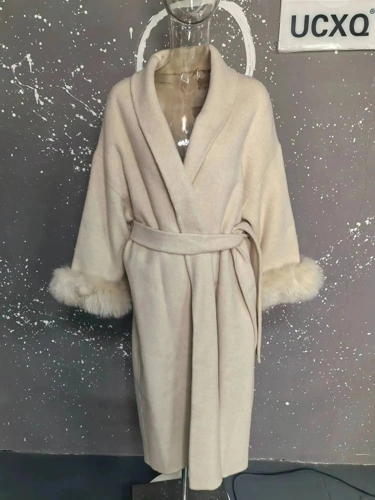 UCXQ Elegant OL Office Lady Overcoats Fur Patchwork Long Sleeve Woolen Coat Beautiful Women's Clothing Jacket Autumn 2025 Winter