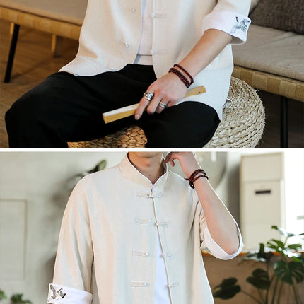 Nuovo gru ricamo top abbigliamento tradizionale cinese per uomo camicie vintage in lino a mezza manica colletto Madarin solido Hanfu Kungfu