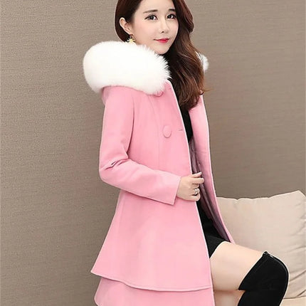 2023 New Winter Women's Woolen Blend Coat A-Line Double-Breasted Jackets Female Fur Collar Office Lady Wool Outwear