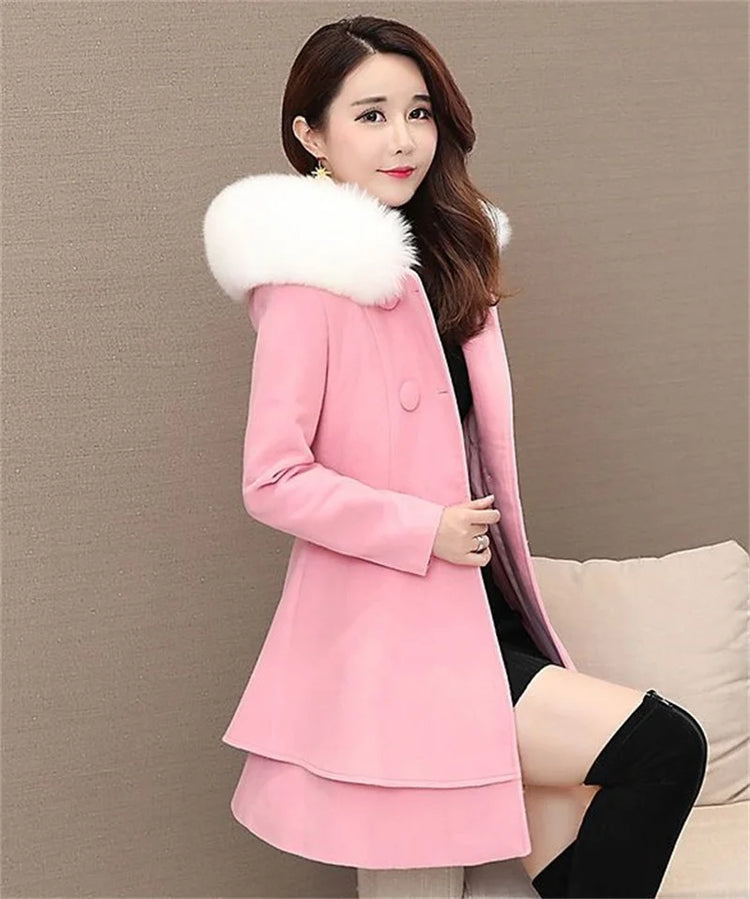 2023 New Winter Women's Woolen Blend Coat A-Line Double-Breasted Jackets Female Fur Collar Office Lady Wool Outwear