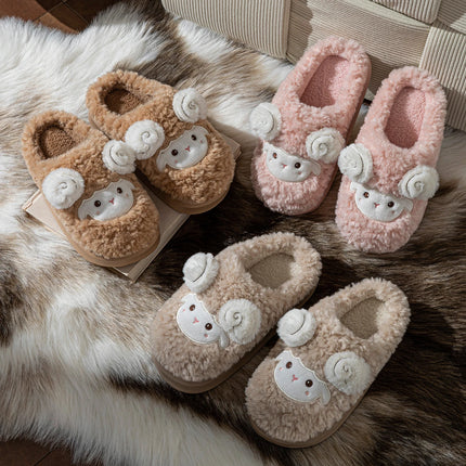 Cute Little Sheep Plush Slippers Women Winter Warm Thick Soft Sole House Shoes Indoor Fuzzy Non-Slip Comfortable Home Slides