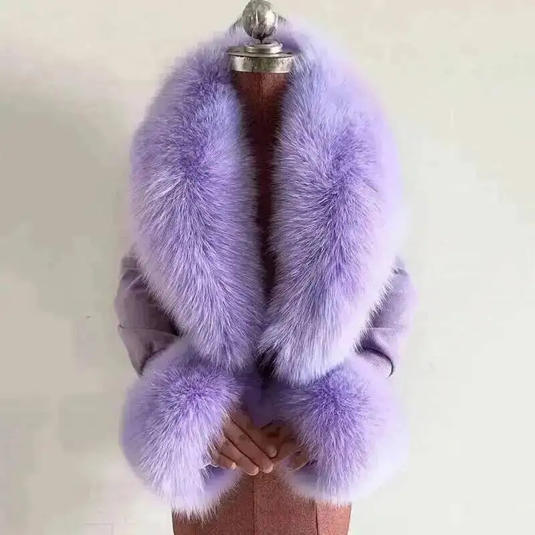 Real Fur Collar And Cuffs Set Winter Coat Accessories Women Fluffy Large Fur Shawl Neak Warm Fox Fur Scarf Furry Scarves Female