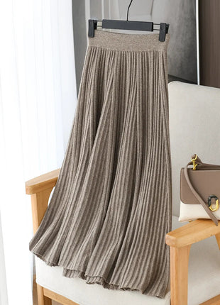 100% Merino Wool Women’s Knitted Skirt Spring Autumn Winter  Long Pleated Grace Skirts High Waist A-Line Cashmere Comfortable PlatiNum