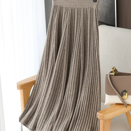 100% Merino Wool Women’s Knitted Skirt Spring Autumn Winter  Long Pleated Grace Skirts High Waist A-Line Cashmere Comfortable PlatiNum