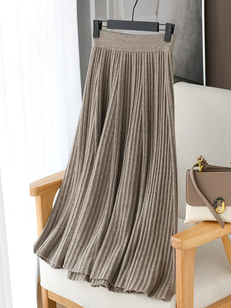 100% Merino Wool Women’s Knitted Skirt Spring Autumn Winter  Long Pleated Grace Skirts High Waist A-Line Cashmere Comfortable PlatiNum