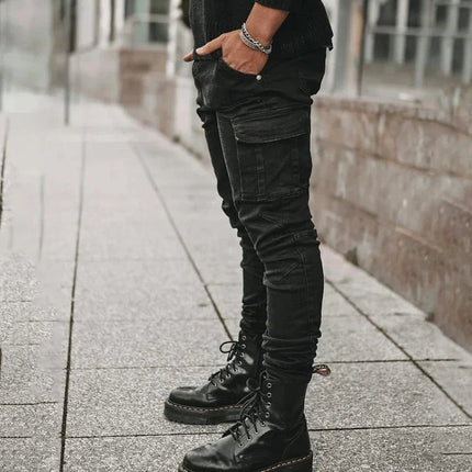 Men Street Elastic Denim Jeans Wash Solid Color Multi Pockets Cargo Pants Casual Slim Fit Daily Wear Joggers Mid Waist Trousers PlatiNum