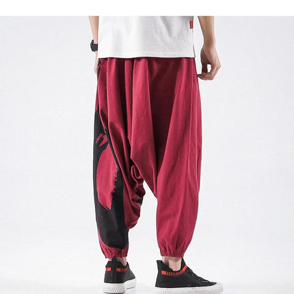 Pantaloni alla moda da uomo Samurai giapponese Ukiyo-e Cintura con stampa Pantaloni stile harem da uomo in cotone e lino Casual Oversize Harajuku Pantaloni a gamba larga da uomo