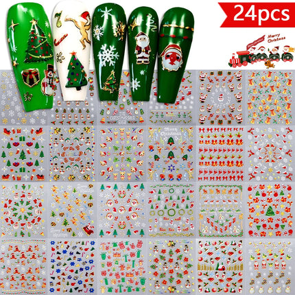 24Pcs 3D Christmas Nail Stickers Cartoon Santa Claus Elk Snowman Snowflakes Self-Adhesive Nail Decals Kid Girl Xmas Gift Sliders