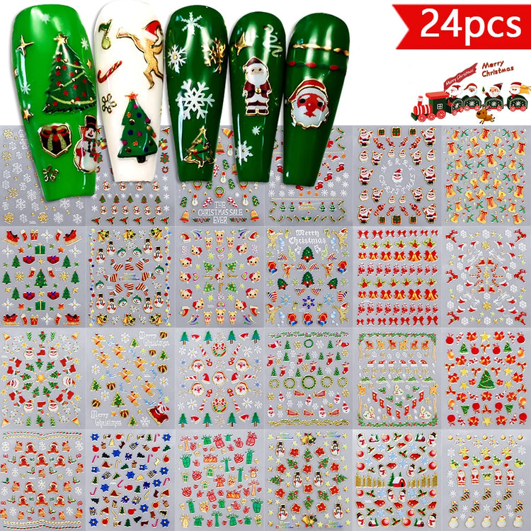 24Pcs 3D Christmas Nail Stickers Cartoon Santa Claus Elk Snowman Snowflakes Self-Adhesive Nail Decals Kid Girl Xmas Gift Sliders
