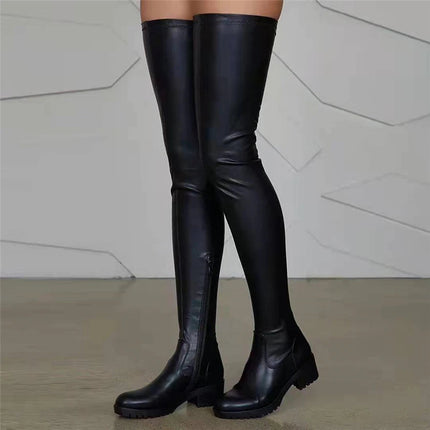 2025 Winter Over the Knee Women Boots European Platform Zipper Ladies Shoes Comfort Square High Heels Elastic Leather Long Boots PlatiNum