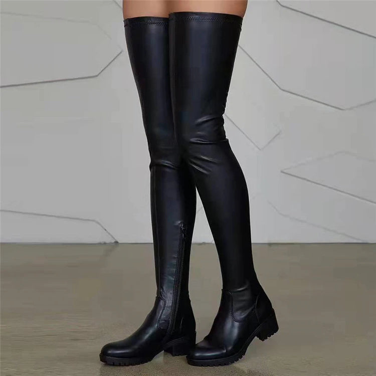 2025 Winter Over the Knee Women Boots European Platform Zipper Ladies Shoes Comfort Square High Heels Elastic Leather Long Boots PlatiNum