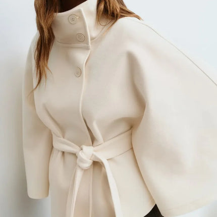 Women Batwing Sleeve Woolen Belted Eclipse Jacket Solid Stand Collar Single Breasted Lace Up Coat Fall Winter Chic Outerwear