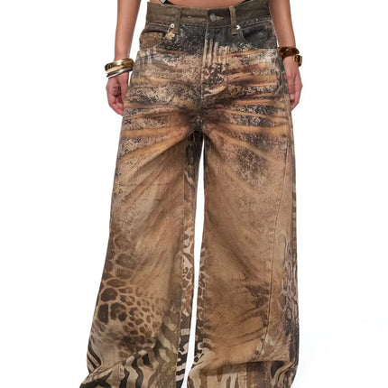 Jeans Larghi da Donna Stile Retrò Americano Y2K 2026 con Stampa Leopardata 3D, Pantaloni a Gamba Larga Vestibilità Comoda