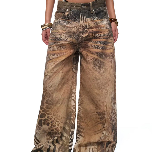Jeans Larghi da Donna Stile Retrò Americano Y2K 2026 con Stampa Leopardata 3D, Pantaloni a Gamba Larga Vestibilità Comoda