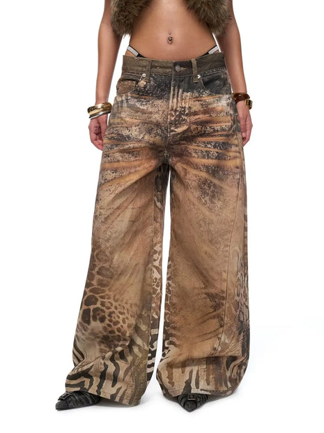 Jeans Larghi da Donna Stile Retrò Americano Y2K 2026 con Stampa Leopardata 3D, Pantaloni a Gamba Larga Vestibilità Comoda