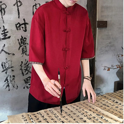 Camicie retrò da uomo, estive, eleganti, larghe, casual, leggere, sottili, traspiranti, in stile cinese, vintage, con calligrafia tradizionale.