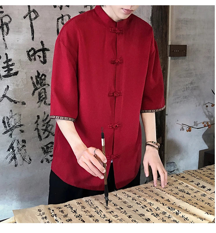Camicie retrò da uomo, estive, eleganti, larghe, casual, leggere, sottili, traspiranti, in stile cinese, vintage, con calligrafia tradizionale.
