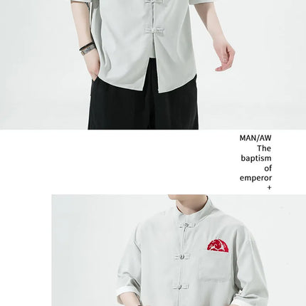 Camicie Retrò da Uomo Ricamate Stile Kung Fu Tai Chi, Camicie Casual a Maniche Corte, Stile Cinese in Lino Traspirante e Cotone per Uomo