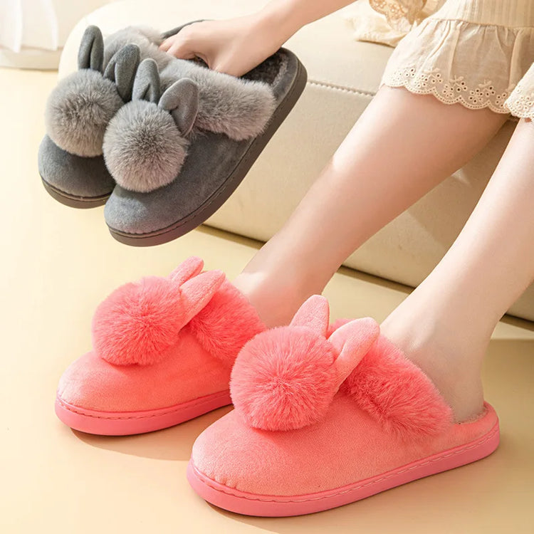 Thick Sole Winter Plush Slippers Cozy Faux Rabbit Fur Indoor House Shoes for Women & Men Couple Matching Slides with Closed Back