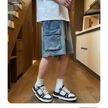 Pantaloncini di jeans cargo da uomo estivi Baggy dritti Moda Casual Pantaloni corti a gamba larga Tasca grande Jeans corti per vacanze al mare Uomo