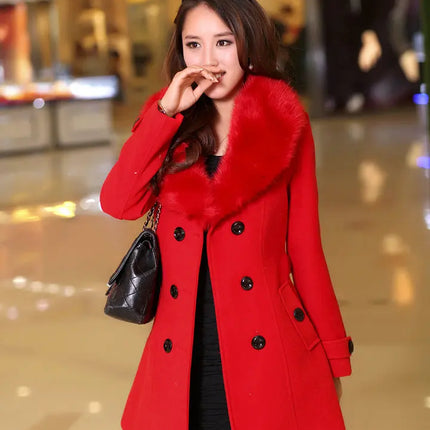 Mid Length Wool Coats Women Fur Collar Splice Blends Korean Full Sleeve Double Breasted Lace Up Belt Thick Warm Winter Jackets