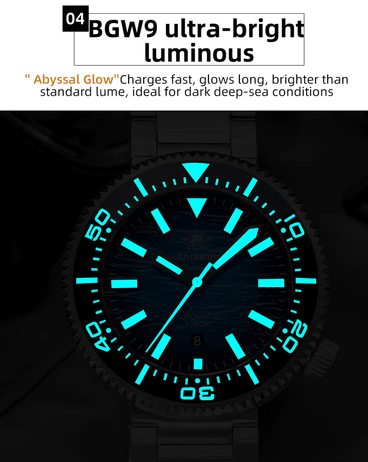 ADDIESDIVE New Men's Automatic Dive Watch Sapphire Crystal 3D Dial Ultra Bright Lume 1000m Water Resistance Men's Business Watch