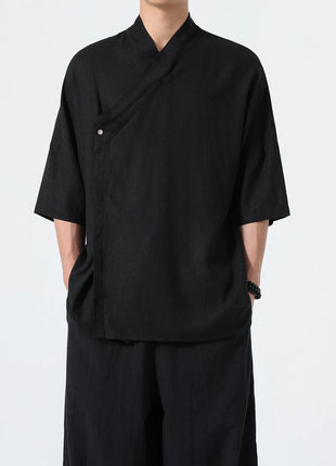Camicie Estive 2026 da Uomo, Stile Cinese Retrò Tradizionale in Lino Traspirante, Abbigliamento Maschile per Kung Fu e Tai Chi, Bluse Casual Stile Tang