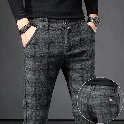 Spring Autumn Men's Korean Casual Pants Slim Straight Brushed Plaid Stretch Fashion Man Pants Office Social Business Trousers