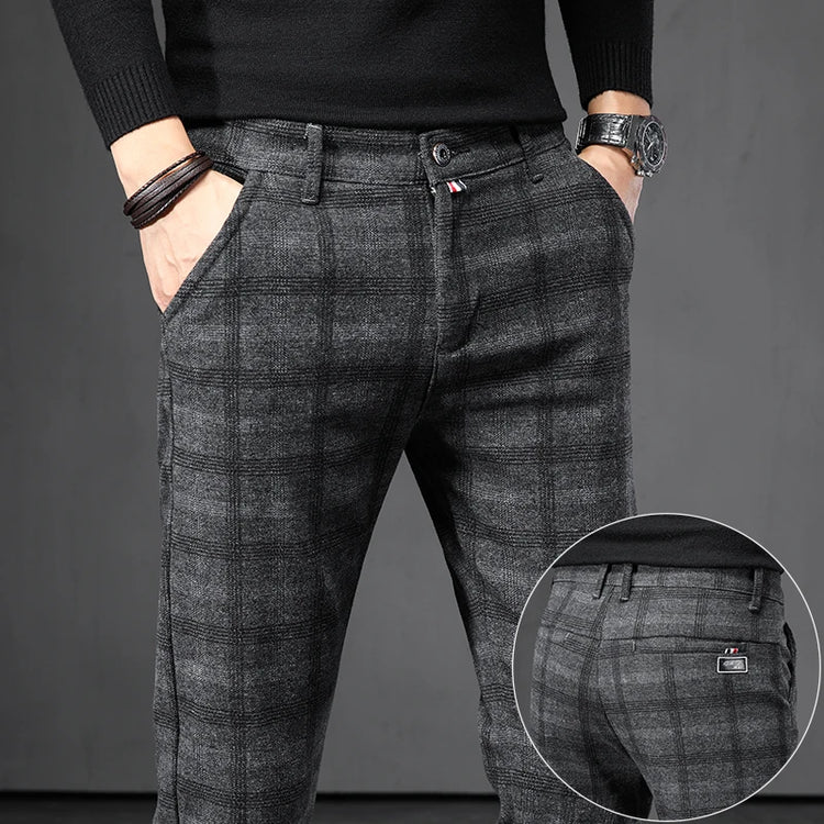 Spring Autumn Men's Korean Casual Pants Slim Straight Brushed Plaid Stretch Fashion Man Pants Office Social Business Trousers
