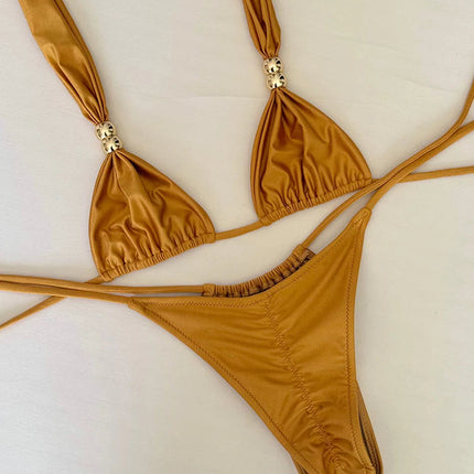2025New Sexy a vita bassa Micro Bikini Set Costumi da bagno Donna Costume da bagno Solido brasiliano con spalline Halter Beachwear Costume da bagno biquini platinumshop