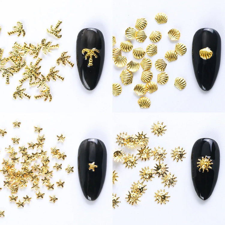 12 Grids Gold Nail Art Alloy Studs Seaside 3D Decorations Sea Shell Star Nail Charm Metal Frame Rivets Nail Sequin Accessories