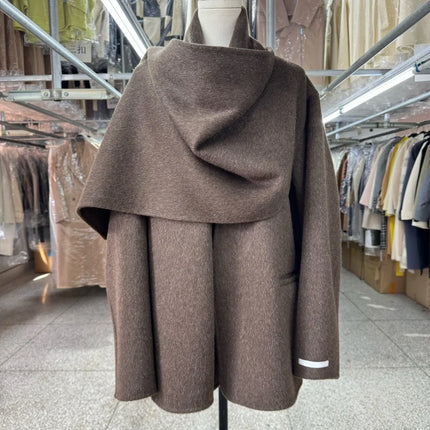 Newest Luxury Coffee Scarf Collar Wool Coat Women Loose Elegant Ladies Autumn Winter Jacket Causal Handmade Women's Jacket2025