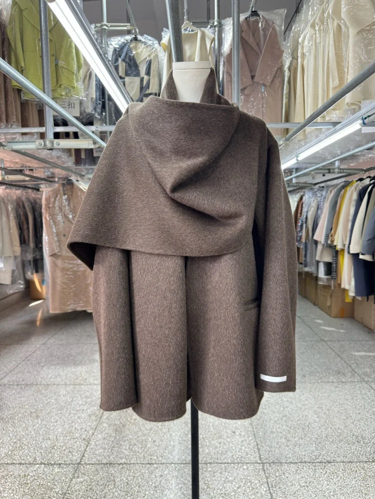 Newest Luxury Coffee Scarf Collar Wool Coat Women Loose Elegant Ladies Autumn Winter Jacket Causal Handmade Women's Jacket2025