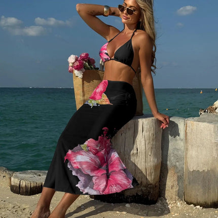 Costume da bagno 3 pezzi con stampa floreale grande con gonna lunga in rete Costume da bagno bikini micro perizoma da donna 2025 Costume da bagno estivo da spiaggia Biquini PlatiNum