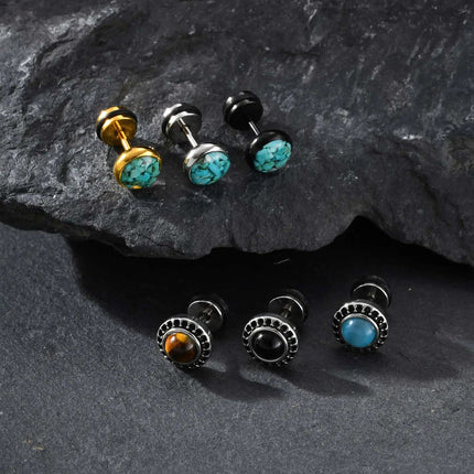 Nuovi piccoli orecchini rotondi da uomo in pietra naturale, semplici orecchini a bottone in metallo in acciaio inossidabile, regalo di gioielli cool hip hop platinumshop