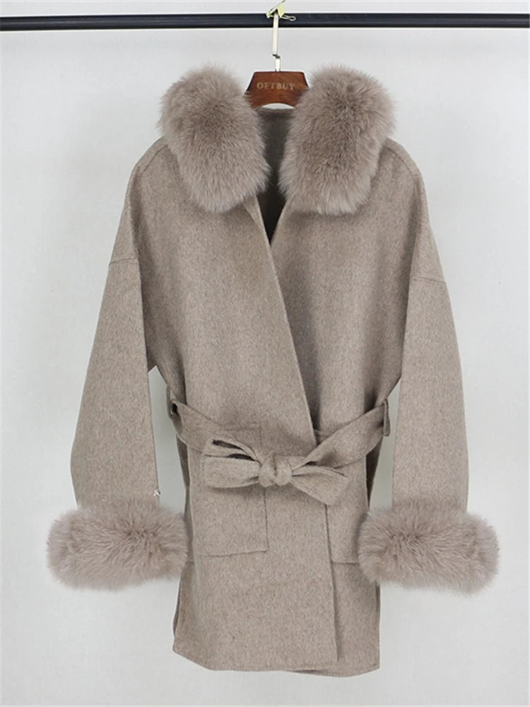 OFTBUY Omen Double Face Wool Coat Natural Fur Coat Wool Blend Jacket Winter Warm Elegant Long Sleeve Fur Cuffs Fashion Outerwear