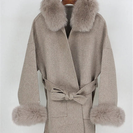 OFTBUY Omen Double Face Wool Coat Natural Fur Coat Wool Blend Jacket Winter Warm Elegant Long Sleeve Fur Cuffs Fashion Outerwear