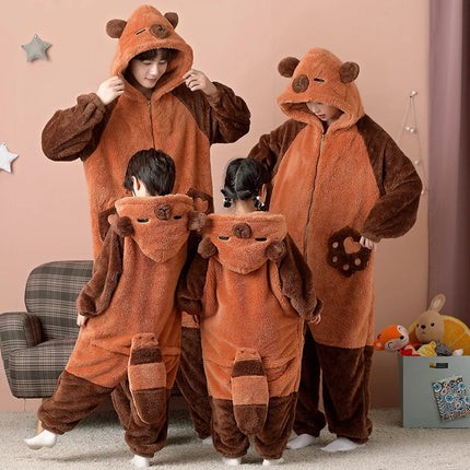 Family Matching Hooded Jumpsuit Cartoon Cypabara Onesie Winter Warm Sleepwear Boys Girls Pajamas Christmas Cartoon Home Clothes
