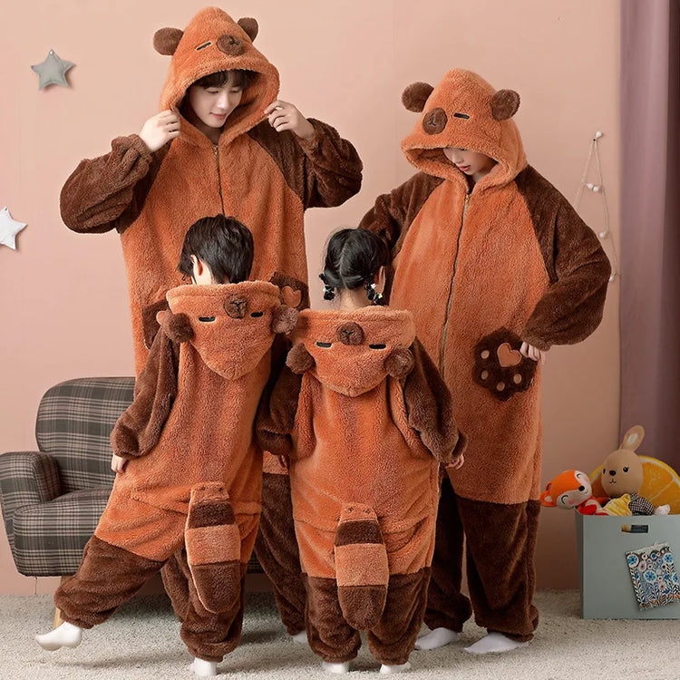 Family Matching Hooded Jumpsuit Cartoon Cypabara Onesie Winter Warm Sleepwear Boys Girls Pajamas Christmas Cartoon Home Clothes