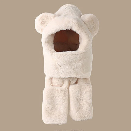 Winter Warm Plush Fleece 3-in-1 Bear Ear Hooded Cap Scarf Gloves Set Windproof Outdoor Accessories for Cold Weather