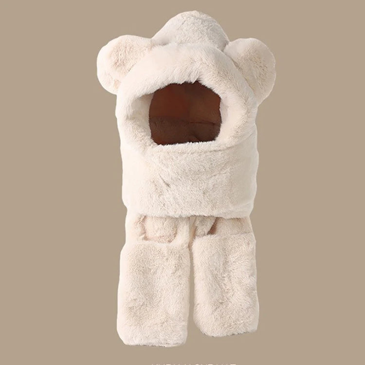 Winter Warm Plush Fleece 3-in-1 Bear Ear Hooded Cap Scarf Gloves Set Windproof Outdoor Accessories for Cold Weather