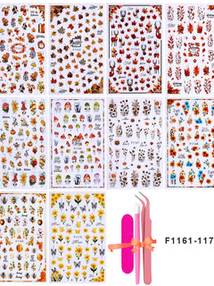 10pcs/set 3D Autumn Pumpkin Nail Stickers Maple Leaf Flower Self-Adhesive Nail Decal Slider Thanksgiving DIY Manicure Decoration