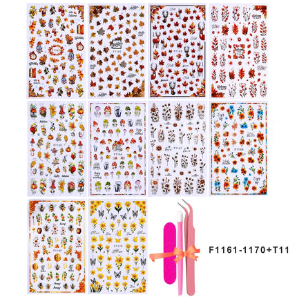10pcs/set 3D Autumn Pumpkin Nail Stickers Maple Leaf Flower Self-Adhesive Nail Decal Slider Thanksgiving DIY Manicure Decoration